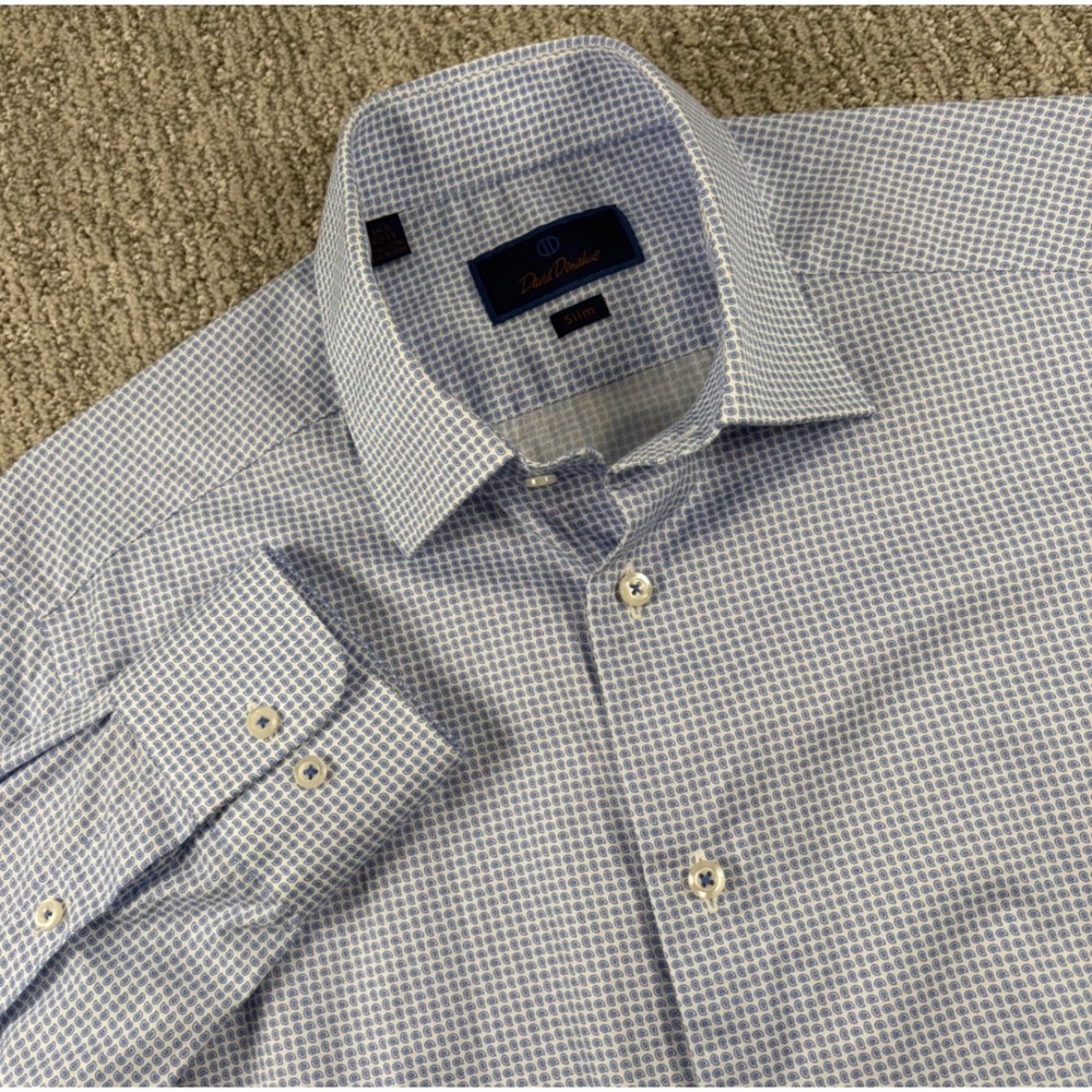 David Donahue Dress Shirt Mens 16.5 32/33 Blue Paisley Slim Fit Cotton LS